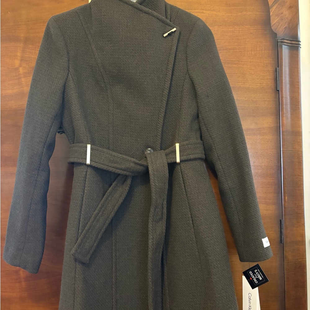 Calvin Klein Dark Loden Green Belted Coat